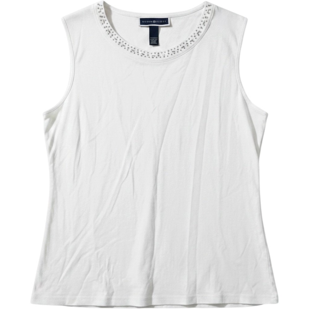 Karen Scott Womens White Cotton Studded Scoop Neck Tank Top Sleeveless Shirt L